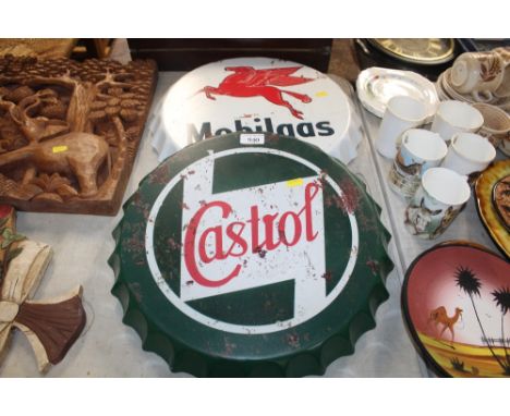 Two reproduction signs, Mobil Gas and Castrol