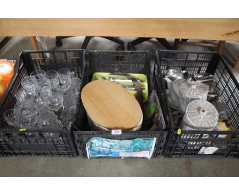 Three boxes of various table glassware, silver plated cutlery and miscellaneous china