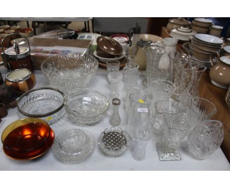 A collection of various table glassware to include a silver collared vase