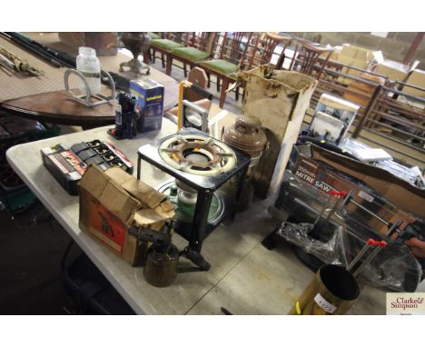 A Tilley style oil lamp, paraffin stove and a polished paraffin blow lamp with original box