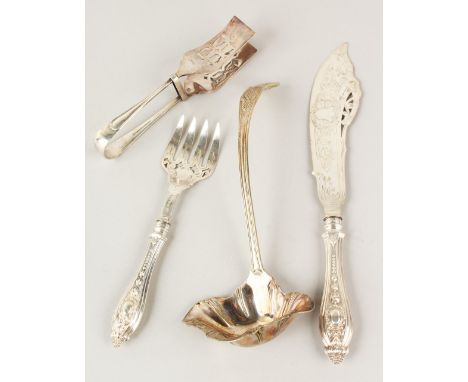 A PAIR OF ENGRAVED FISH KNIVES AND FORKS, asparagus servers and soup ladle (4).