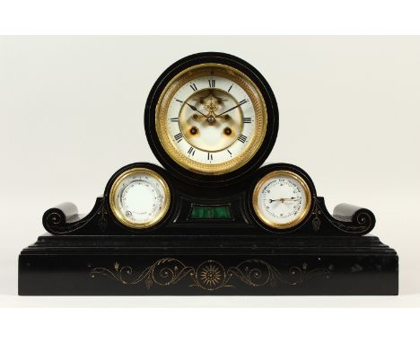 A GOOD VICTORIAN BLACK SLATE MANTLE CLOCK, the circular white enamel dial with Breguet type escapement, subsidiary thermomete