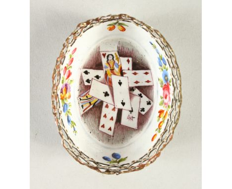 A SMALL 18TH CENTURY BILSTON ENAMEL OVAL BASKET, decorated with playing cards. 8cms long.