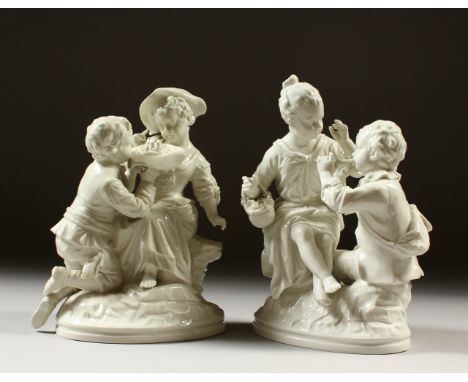 A PAIR OF BERLIN WHITE GLAZED GROUPS OF CHILDREN, one with a hat of young birds, the other playing a whistle. Sceptre mark in