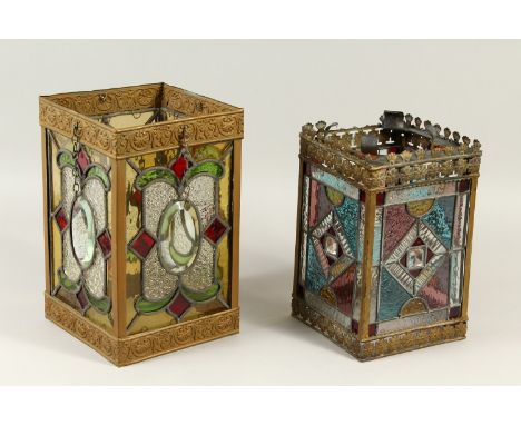 TWO BRASS AND STAINED GLASS LIGHT SHADES. 34cm x 30cm high.