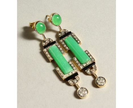 A PAIR OF 9CT GOLD, JADE, ONYX AND DIAMOND DECO DESIGN DROP EARRINGS.