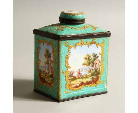 A BILSTON ENAMEL TEA CADDY AND COVER, painted with four panels of rural scenes. 12cms high.