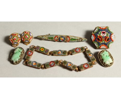 A PAIR OF JADE EARRINGS and MOSAIC JEWELLERY.