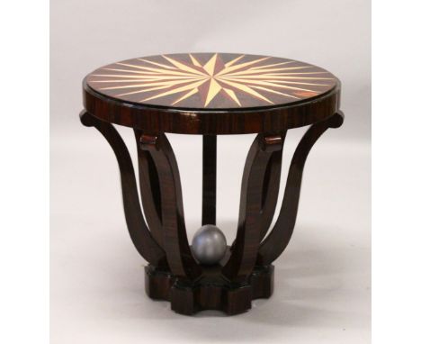 AN ART DECO STYLE CIRCULAR CENTRE TABLE, with sunburst inlaid decoration. 75cm diameter x 68cm high.