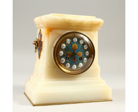 A GOOD 19TH CENTURY FRENCH ONYX AND CHAMPLEVE ENAMEL CLOCK, with enamel face and lion ring handles. 22cm high.