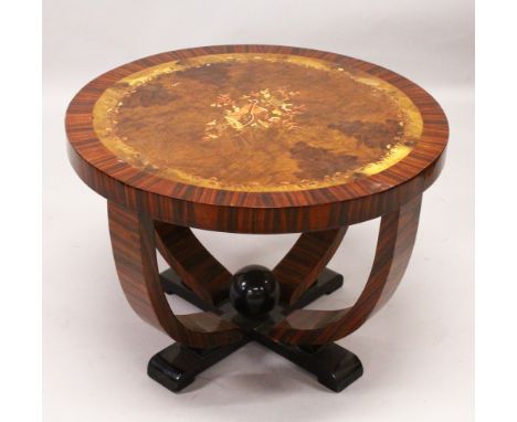 AN ART DECO STYLE CIRCULAR CENTRE TABLE, with marquetry inlaid decoration. 80cm diameter x 58cm high.