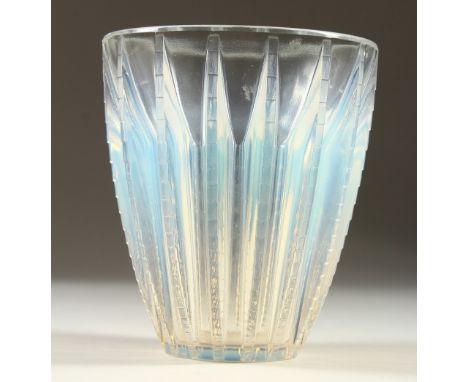 A LALIQUE BLUE TINTED VASE "CHAMOIX". Etched R. Lalique, France.  14.5cm high.