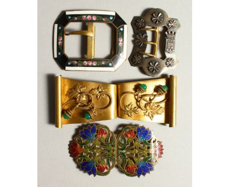 A PAIR OF ENAMEL BUCKLES and THREE OTHERS.
