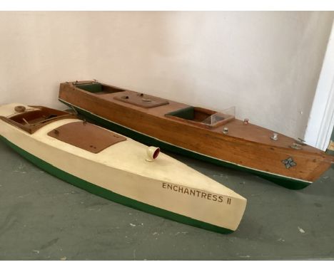Wooden &nbsp;toy Boats ; pair of wooden boats 24&rdquo; and 27&rdquo; vintage pieces with flags , to include enchantress and 
