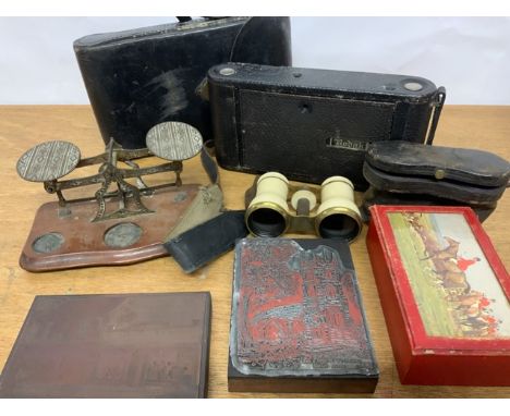 Kodak camera, opera glasses, printers blocks etc