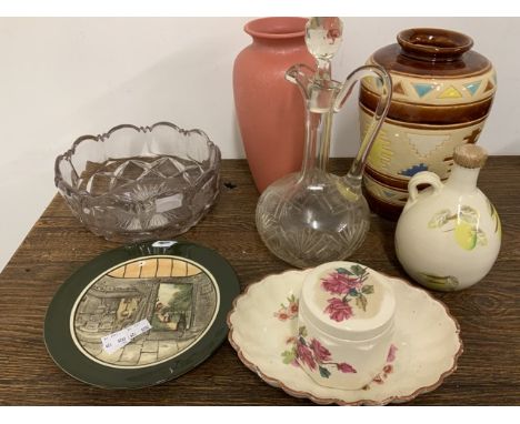 Vases, decanter, glass bowl and a Royal Doulton plate