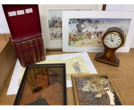 Miscellaneous items, Sturgeon prints, majolica tile, reproduction mantle clock and a painting on glass.