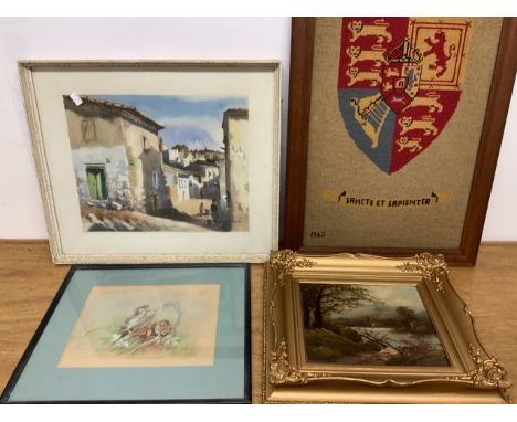 Three original artworks including a watercolour of field mice by Dorothy Baker also with a tapestry sampler.