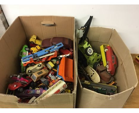 Two boxes of model cars of varying scale and manufacturers. To include Matchboxes, Schuco, Corgi, Jimson and others. 