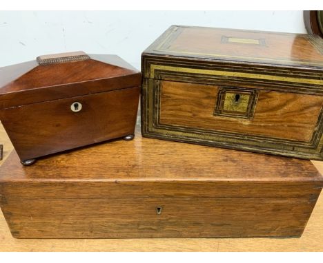 A small Victorian tea caddy with key also an inlaid brass writing slope and a large oak canteen box. (empty)Caddy: W:20cm x D