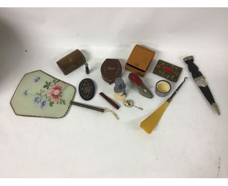 A collection of mixed collectibles to include vintage boxes, hand painted fan, shoe horn, pin holder and other small pieces. 