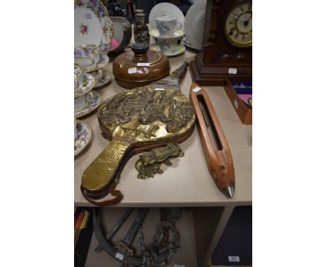 A selection of hardware including fire bellows and owl door knocker