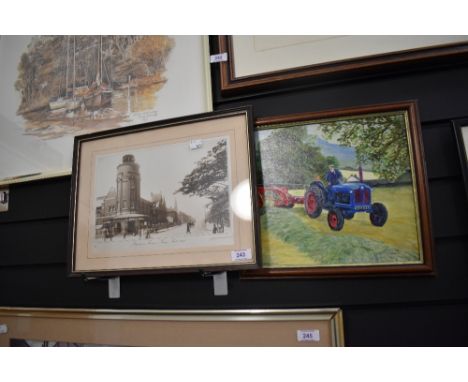 A photographic print of Barrow high street and a naive painting of a tractor