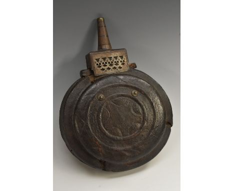 A Middle Eastern/North African leather moon shaped powder flask, pierced steel mount.21.5cm long, 19th century