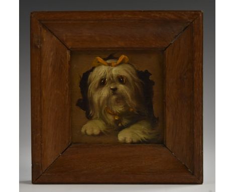 Continental School (early 20th century), a canine portrait miniature, of a terrier, the dog tied with a bow indistinctly sign