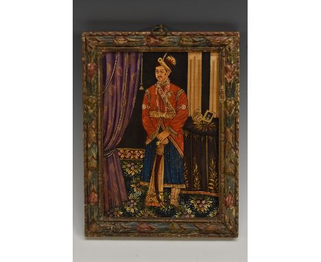 Indian School Portrait of Sawai Ram Singh II, Maharaja of Jaipuroil and gilt on panel, 17cm x 12cm