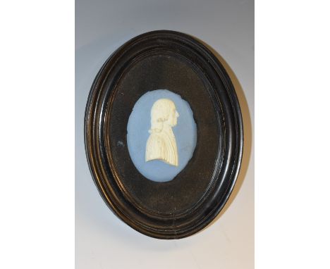 A 19th century Adams &amp; Bromley Jasperware oval portrait plaque, probably John Wesley, impressed mark, 8cm x 6.5cm, framed