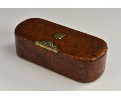 A 19th century gilt metal mounted burr walnut snuff box, hinged cover, 10cm wide, c.1850