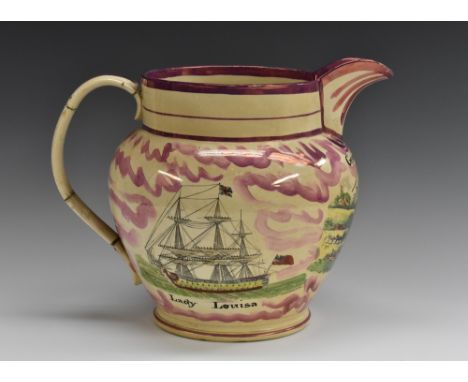 A large 19th century Dixon, Austin &amp; Co Sunderland Pottery lustre ovoid jug, inscribed George Booby and transfer printed 