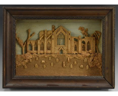 A Victorian Gothic Revival architectural cork diorama, of Melrose Abbey, Roxburghshire, Scotland, framed case, 29cm x 40cm ov