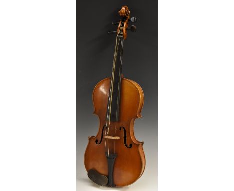 A violin, the two-piece back 33.5cm long excluding button, outlined throughout with purfling, 56.5cm long overall, cased Cond