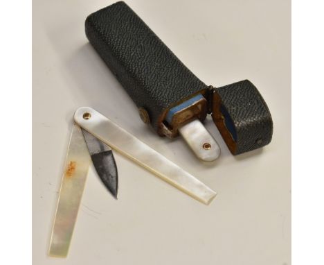 A George III tapered rounded rectangular shagreen lancet case, hinged cover enclosing a pair of mother-of-pearl hafted medica