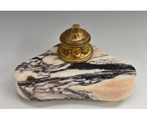 A 19th century French gilt-metal mounted specimen marble inkstand, the well cast in high relief with portrait profiles and ga