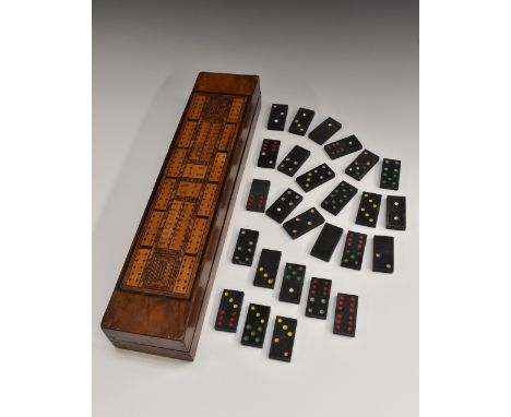 A 19th century walnut and parquetry rectangular cribbage box, the hinged cover marked out for games, 43.5cm wide, c.1870 