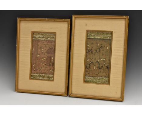A pair of Islamic manuscript or Koran pages, inscibed with verse and painted in watercolour and gilt in the typical Persian m