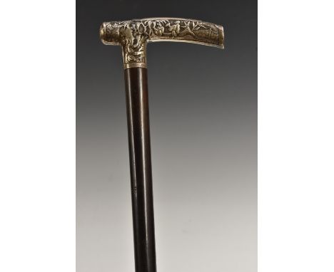 A Chinese silver mounted gentleman's walking cane, L-shaped handle embossed with figures amongst pagodas and bamboo, to verso