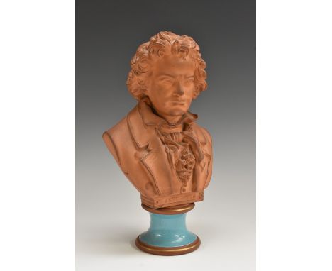 A Continental terracotta portrait bust, of Ludwig van Beethoven (1770 - 1827), turquoise glazed socle, 27cm high, Austrian/Ge