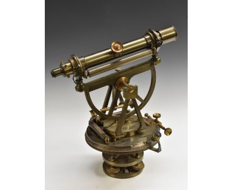 An early 20th century oxidised brass theodolite, by Troughton & Simms, London, 10" main tube, 180 degree elevation, compass t