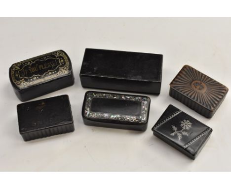 An early 19th century papier-mâché rounded rectangular snuff box, pressed patera cover, fluted sides, 4.8cm wide; others, var