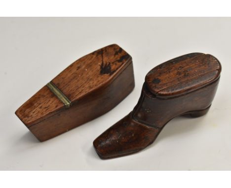 A 19th century macabre rosewood snuff box, as a coffin, three-quarter hinged cover, 8.5cm long; a William IV/Victorian novelt