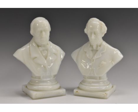 A pair of Victorian pressed opaque white glass political portrait busts, of William Ewart Gladstone (1809 - 1898) and Benjami