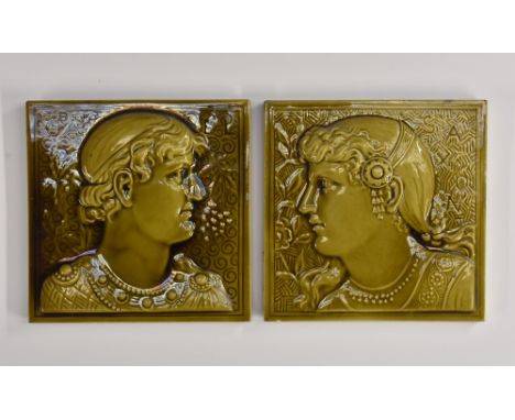 A pair of Minton, Hollins &amp; Co Heads of Ancient Tribes series tiles, Saxon and Gael, each moulded in relief with a profil