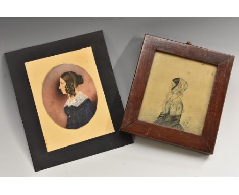 English School (19th century), a portrait miniature, of a young lady, her hair in ringlets, half length in profile, watercolo