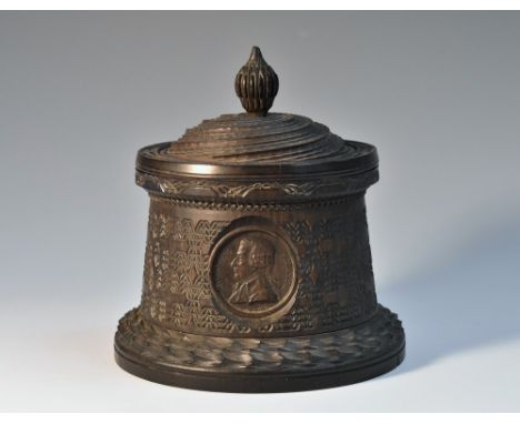 A 19th century engine turned coromandel circular box and cover, the sides with portrait roundels of Johann Gasparus Lavater, 