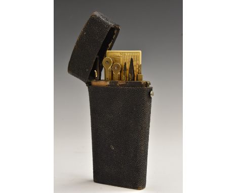 A George III tapered rounded rectangular shagreen draughtsman's etui, the rounded hinged cover enclosing drawing instruments 
