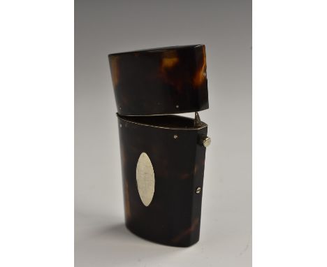 A George III tortoiseshell and silver tapered rounded rectangular etui case, push-button mechanism, 6cm long, c. 1810